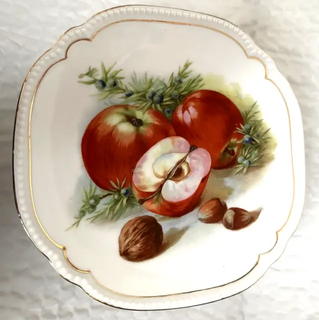 Vintage Striegau 10 Fruit Pattern Porcelain Gold Trim Scalloped Dessert Plates