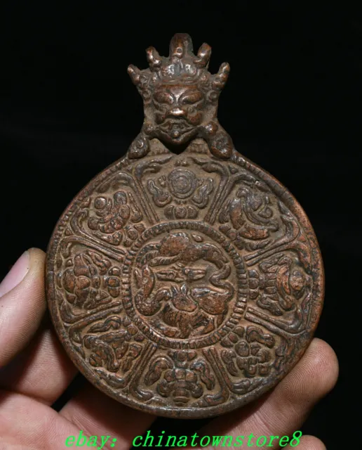 Antique Old Tibet Bronze Mahakala Buddha Head 8 Auspicious Symbol Amulet Pendant