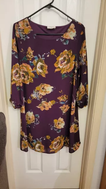 Everly Dress Womens Medium Shift Purple Floral Long Sleeve Scoop Neck Lined