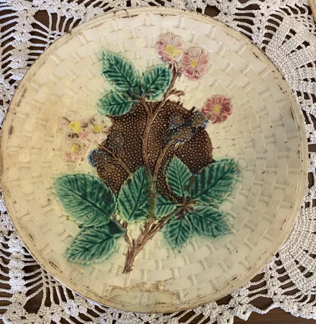 Antique English Majolica Plate 10.25” Blackberry Basket Weave Brown Green Yellow