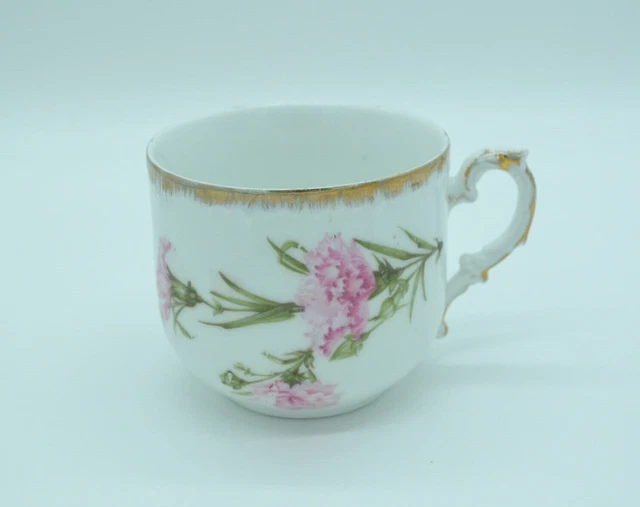 Pink Carnation White Teacup with Gold Trim Floral Teacup Ornate Cup with Handle