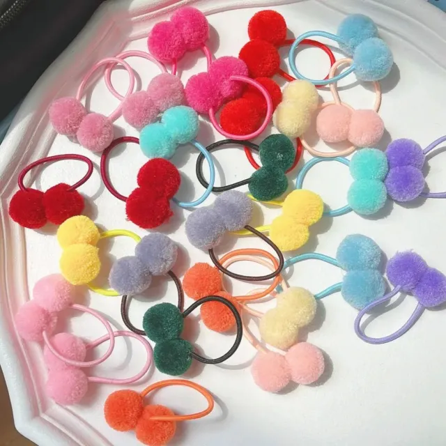 Elastic Double Pompom Hair Ties Kids Girls Stretchable Solid Headwear Ponytails