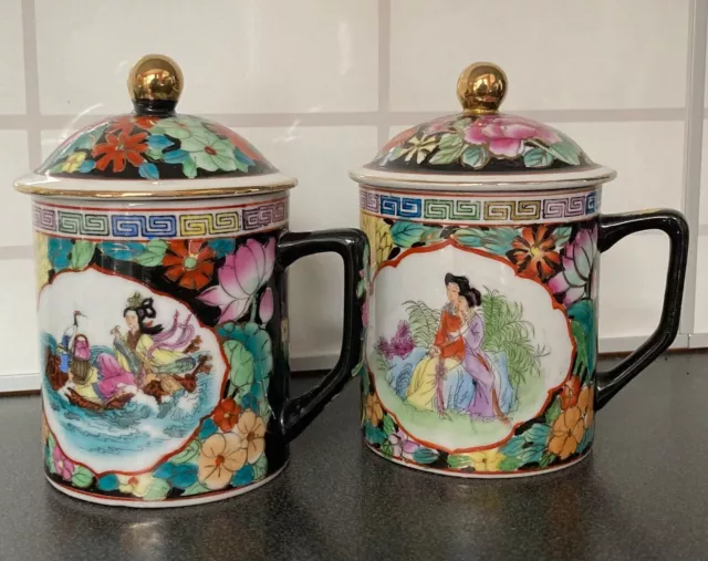 2 Stück Teetassen mit Deckel aus China wunderschöne Handarbeit Tasse Konvolut