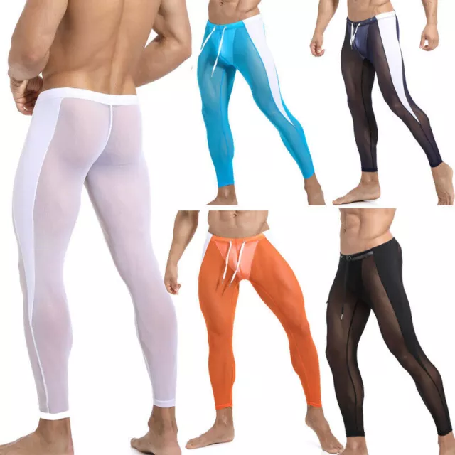 MENS ELASTIC LONG Johns Sexy Transparent Mesh Underwear Tight Legging Pants  £14.39 - PicClick UK