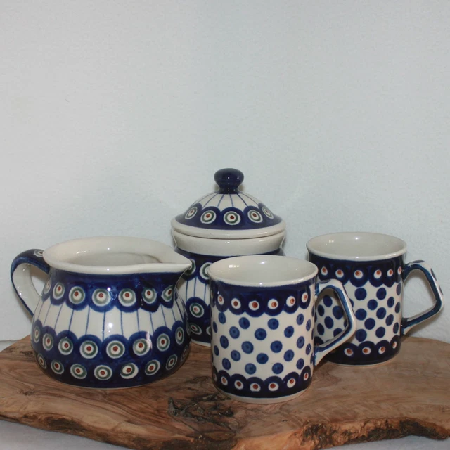 Boleslawiec Polish Pottery Creamer, Sugar Jar with Lid, and 2 Mugs - No Flaws