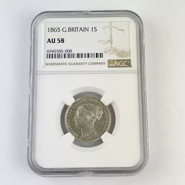 Great Britain 1865 1S Shilling Queen Victoria Silver Coin NGC Graded AU 58