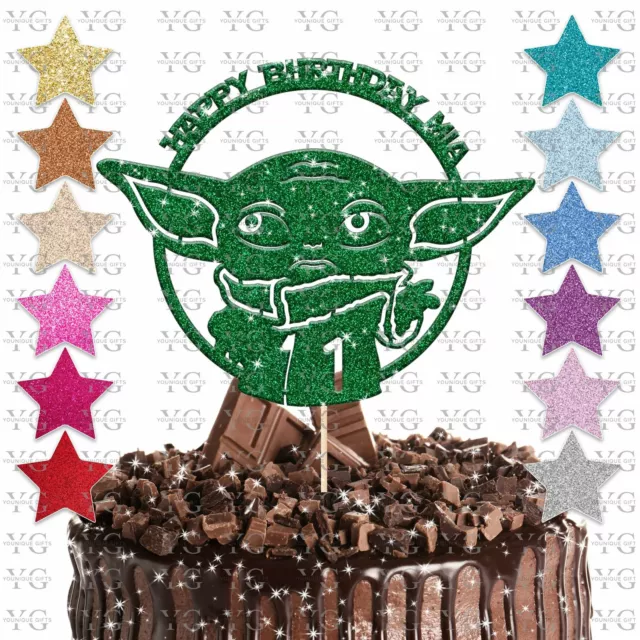 Personalised Baby Yoda Star Wars Cake Topper Glitter Custom Decoration Party Age