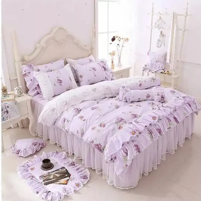 Cotton Floral Printed Bedding Set Lace Ruffle Duvet Cover Bed Skirt Pillowcases