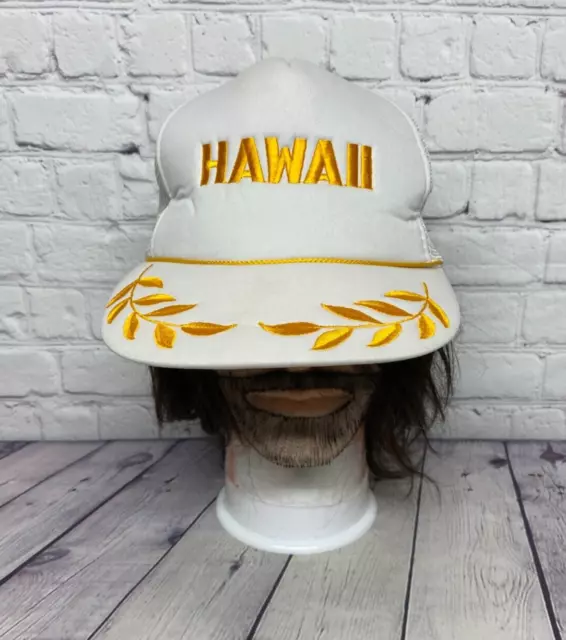 Vintage Hawaii Trucker Hat Mesh Cap Leaf Snapback White One Size Hawaiian 80s
