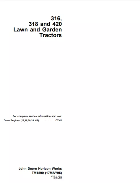 John Deere 316 318 420 Lawn Garden Tractors Repair Technical Manual PDF/USB
