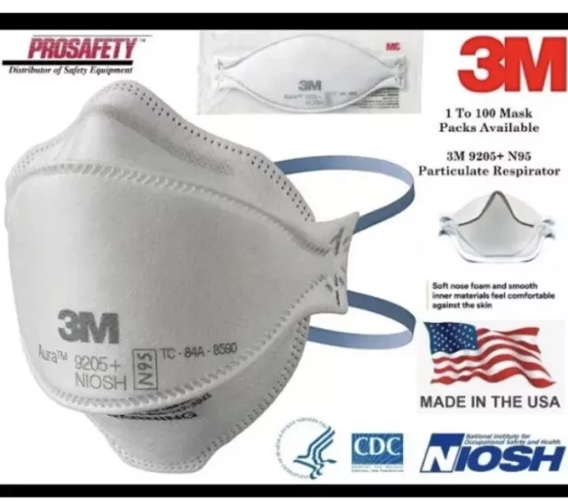 3M Aura 9205+ N95 Particulate Respirator Disposable Protective Face Masks Qty 10