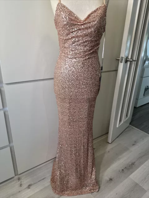 La Femme 29949 Sequin Long Gown Lace Up Back. Rose Gold Size 2 New With Tags