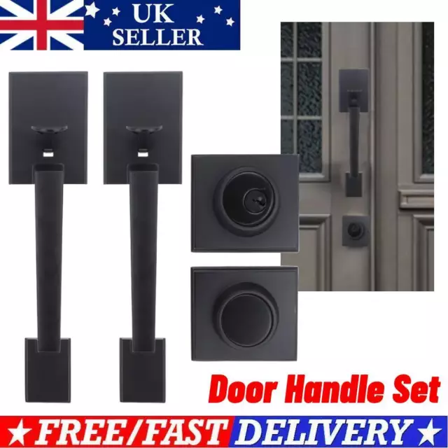 1 Pair of Double Door Handles On Square Black Set Matte + Lock & Keys Set NEW