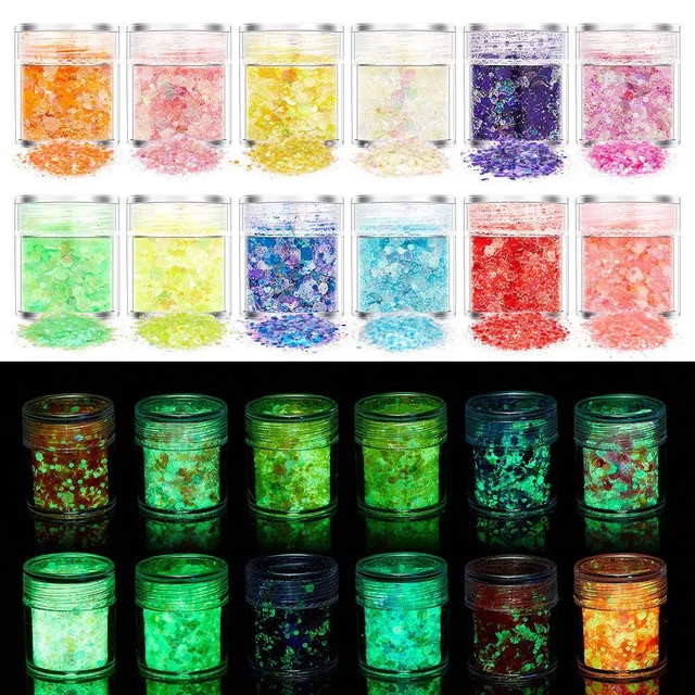 Lentejuelas de neón en polvo luminoso 24 colores arte en uñas brillo lentejuelas hexagonales