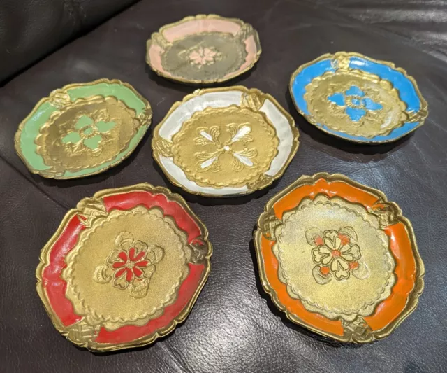 Set Of 6 Italian Florentine Hand Painted Vibrant Wooden Coasters