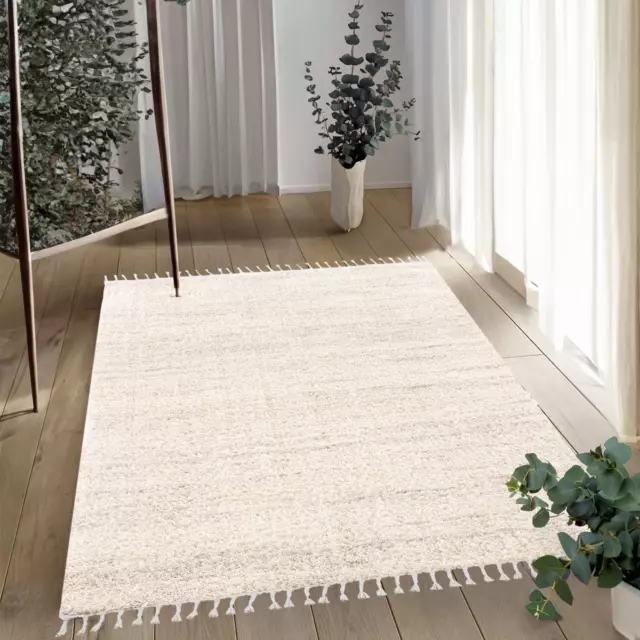 Alfombra Salón Pelo Alto Crema Manchado Boho Dormitorio Alfombras con Flecos