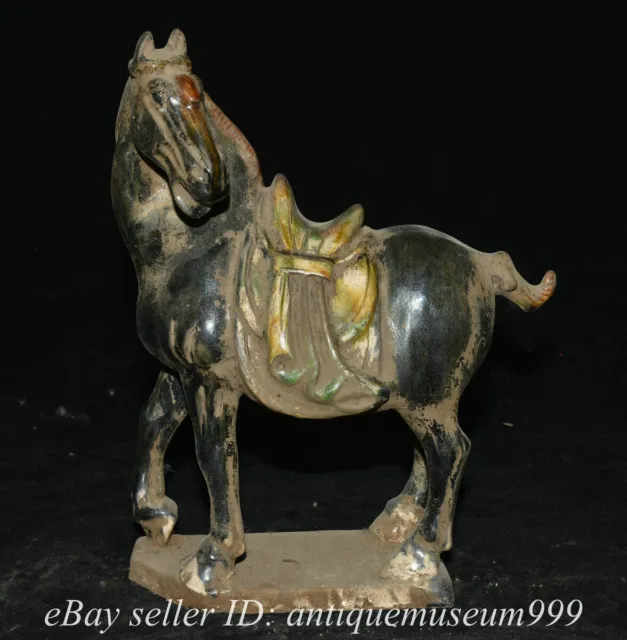 8" Old Chinese Black Tang Sancai Ceramics Dynasty Raise Head Horse Statue