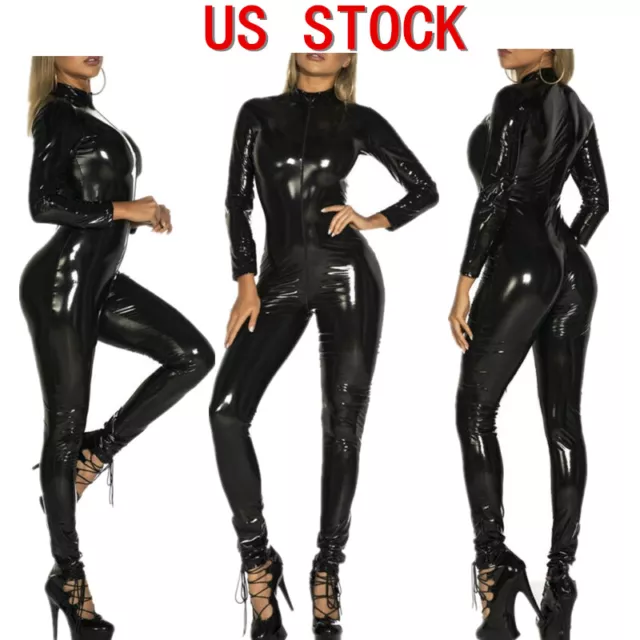 Women’s Latex Wet Look Jumpsuit Leather Catsuit Close-fitting bodysuit  Rompe C~