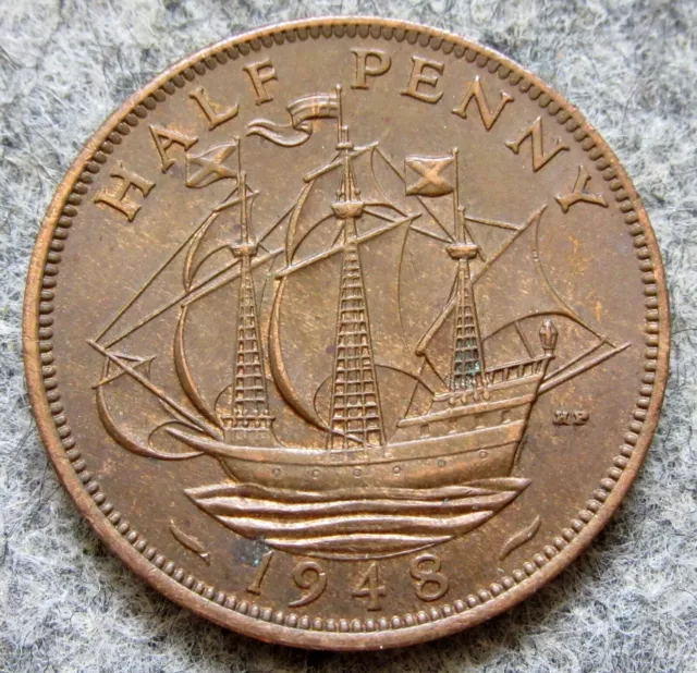 Great Britain George Vi 1948 Half 1/2 Penny, Golden Hind Sailing Ship, Bronze