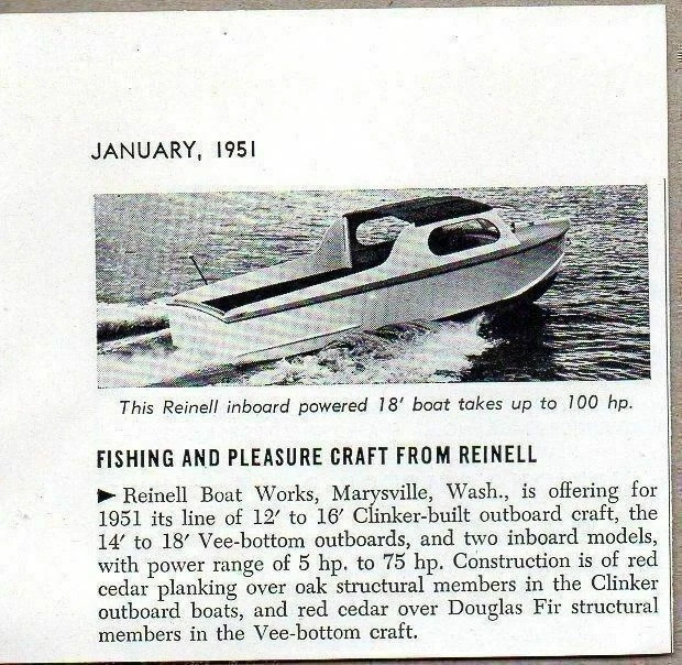 1951 Magazine Photo Reinell 18' Inboard Motor Boat Marysville,Washington
