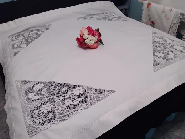 Vintage Large White Linen Tablecloth Flowers ~ Crochet Lace Stunning