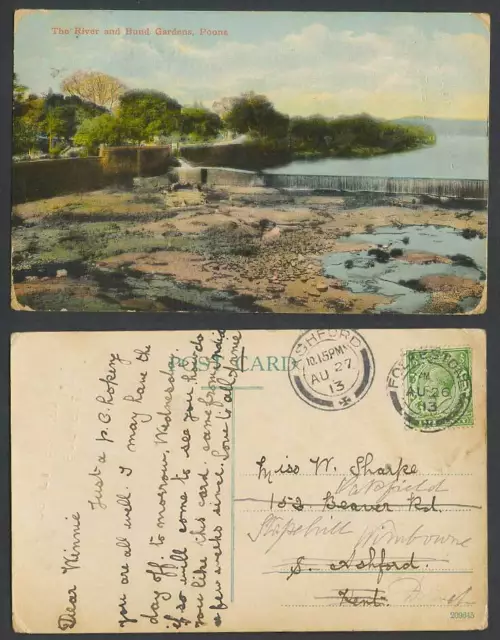 India 1913 Old Postcard River Scene and Bund Gardens, Poona Pune Waterfall Steps