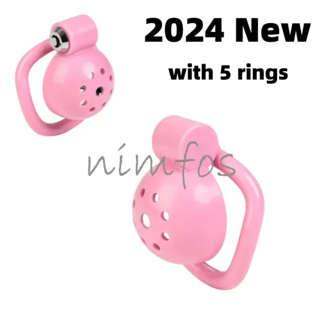 2024 New Male Click & Lock ABS Pink Sissy Cage Chastity Cage Lock with 5 Rings