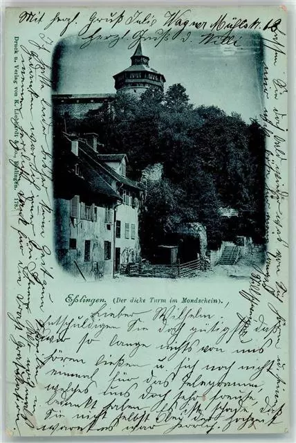 13922019 - 7300 Esslingen Der Dicke Turm im Mondschein 1898
