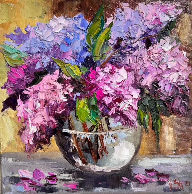 Original Oil Painting Lilac Flowers Spring Impressionist Still Life Art Signed