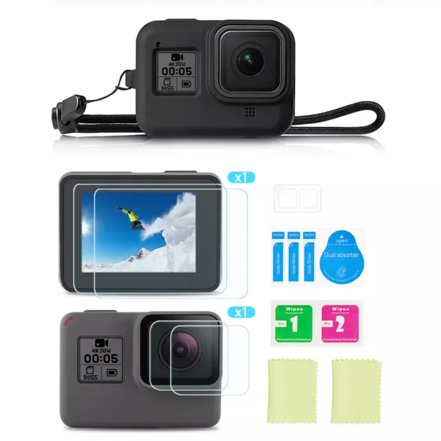 For GoPro HERO 8 Silicon Soft Case Protective Cover and Tempered Glass Protector