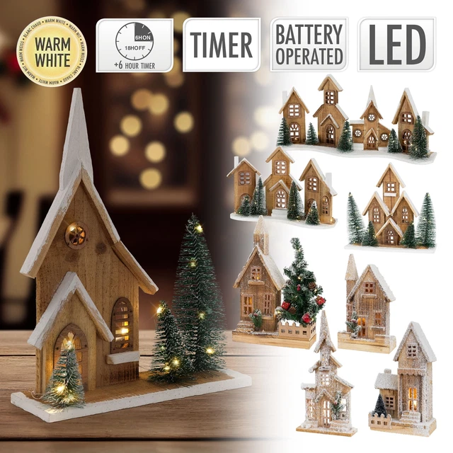 Maisonnette De Noël En Bois LED - Décoration Festive Pour Table Ou Sapin - 3 Maisons Lumineuses à Personnaliser - 3