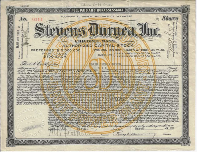 Massachusetts 1920 Stevens Duryea Inc Stock Certificate Chicopee