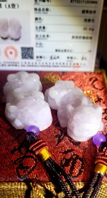 2 PCs Certified Natural A Purple Jade Hand Craved Pi Xiu Pendant US Seller