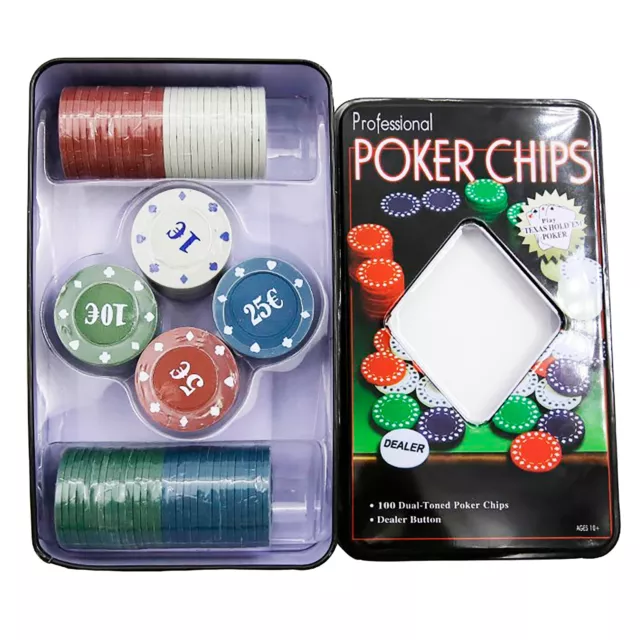 Juego de Poker 100 Fichas Numeradas con € Caja Metálica + Ficha DEALER y rack 2