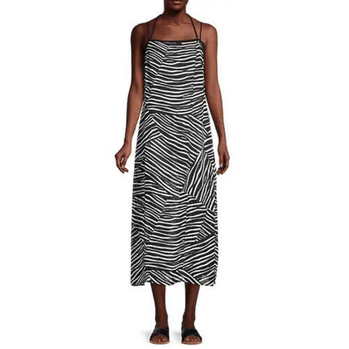 MSRP $88 DKNY Black Striped Printed Maxi Swim Cover Up Dress Size Small