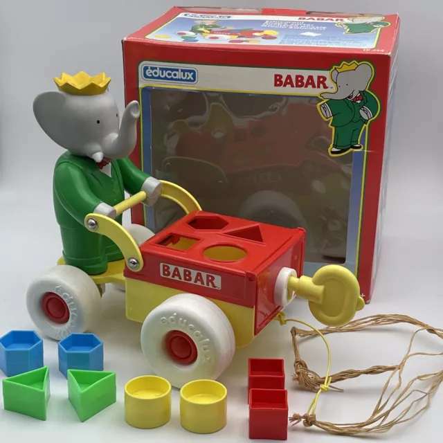 😍 BABAR EDUCALUX  jouet a tirer et cubes Ancien jouet vintage complet