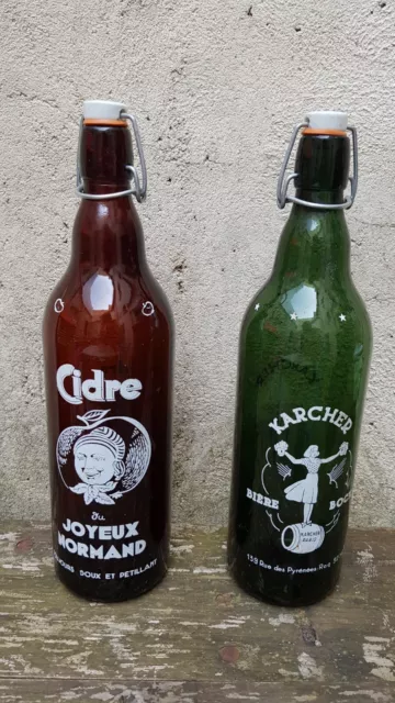 Lot de deux anciennes bouteilles cidre et bière. Joyeux Normand et Karcher.