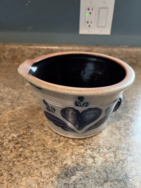 Rowe Pottery Works 1988 Batter Mixing Bowl Spout Salt Glazed Cobalt Blue Heart