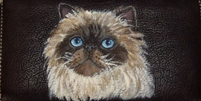 Himalayan Cat Checkbook Cover Custom Painted Leather