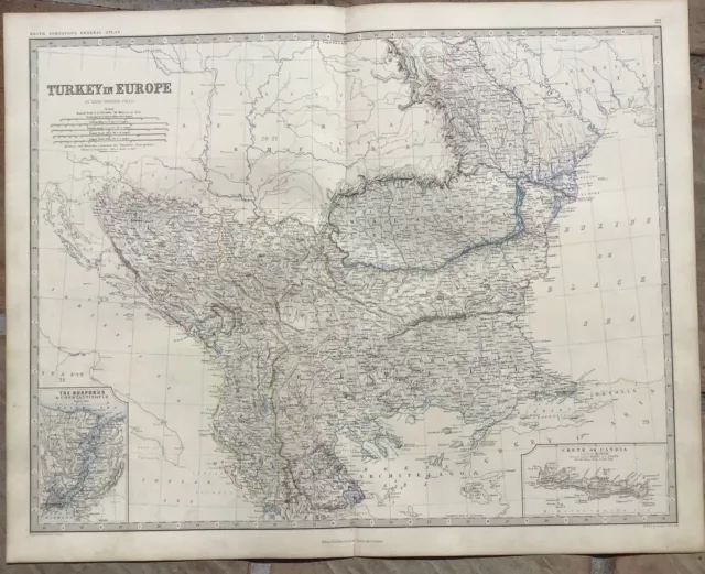 1861 Antique K.Johnston Map - TURKEY IN EUROPE - Inset Maps of Crete & Bosporus