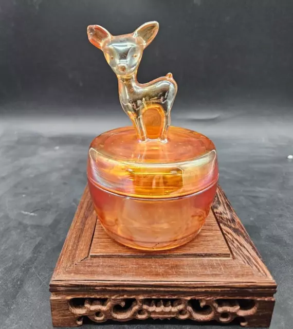 Vintage Deer/Fawn Jeanette Marigold Carnival Glass Trinket Candy Powder Dish Jar