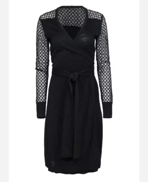 Diane Von Furstenberg - Silk Black Wrap Dress Semi Sheer Polka Dot Sleeves Sz M