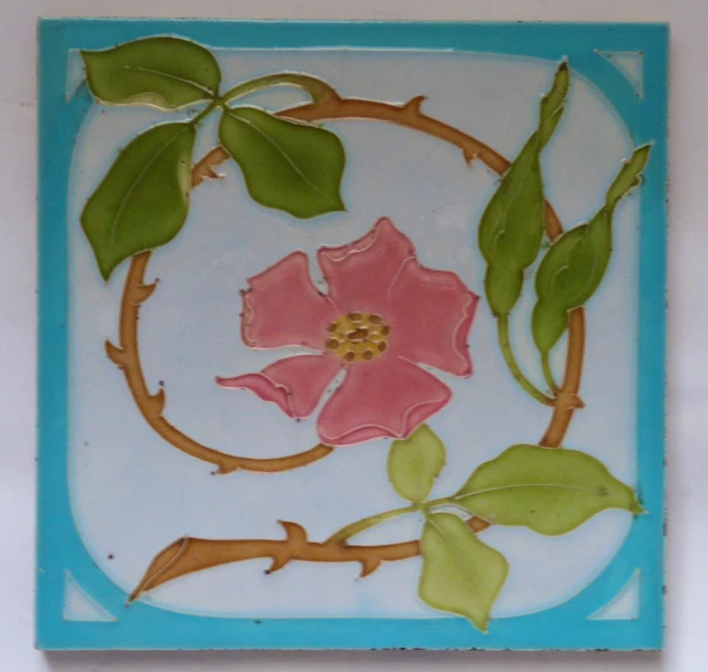 Gorgeous RARE french WILD Rose Relief Tile Fliese Jugendstilfliese Carreau 1900