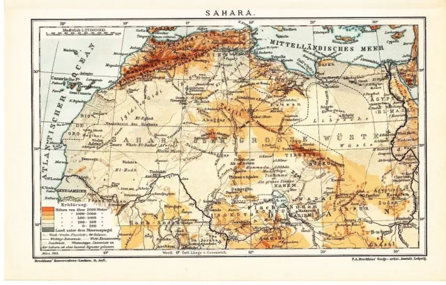 1899 AFRICA SAHARA DESERT Antique Map