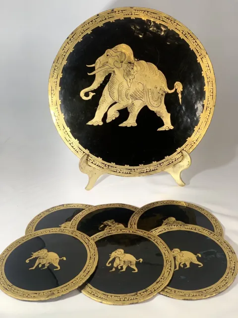 Antique Burmese Black Lacquerware Gold Elephant Motif Serving Tray & 6 coasters 7