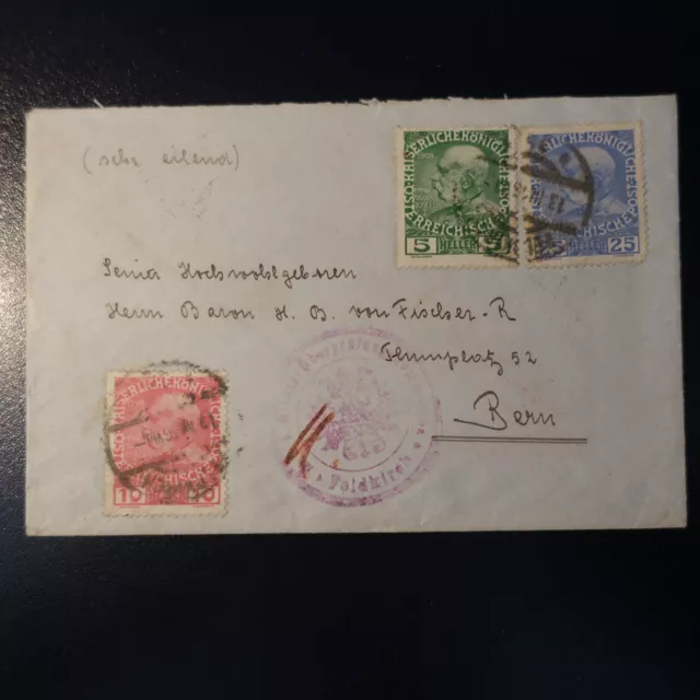 Austria COVER Censored Military Censor Cover Feldkirch 1916 -> Bernese Swiss