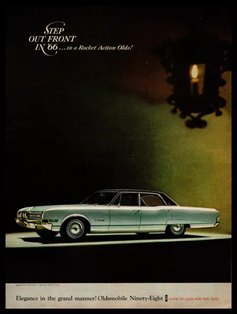 1966 Oldsmobile Ninety-Eight 4-Door Sedan Rocket V-8 Engine GM Vintage Print Ad