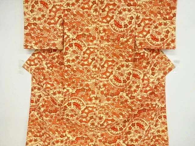 37944# Japanese Kimono / Antique Hitoe Kimono  / Jodai Tsumugi / Katazome / Jiga