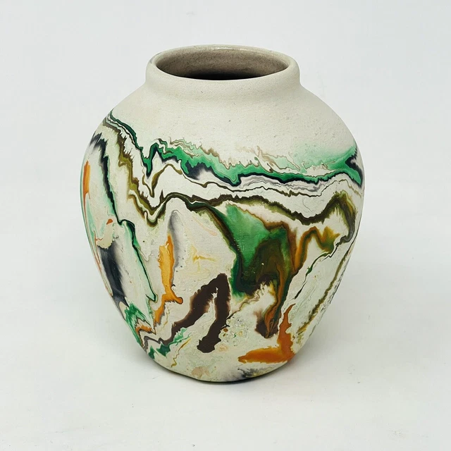 VINTAGE NEMADJI Art Pottery Vase Green And Orange Swirled 5
