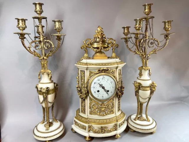 Exquisite French Louis XVI Marble and Bronze Chimney Clock Set, Mid-19th Century